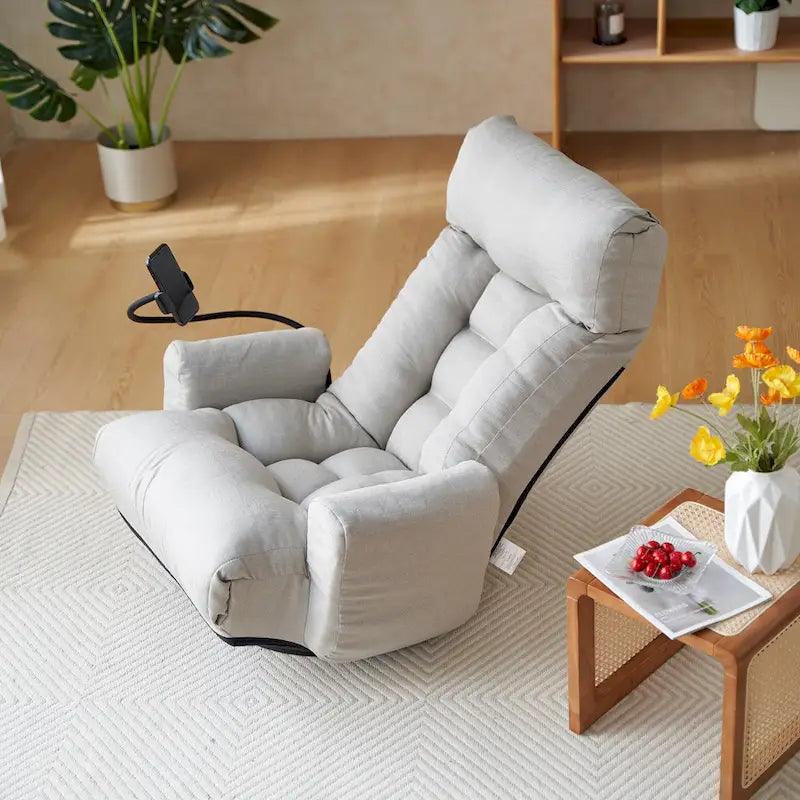 Gray Swivel Recliner with Phone Holder, Adjustable Headrest