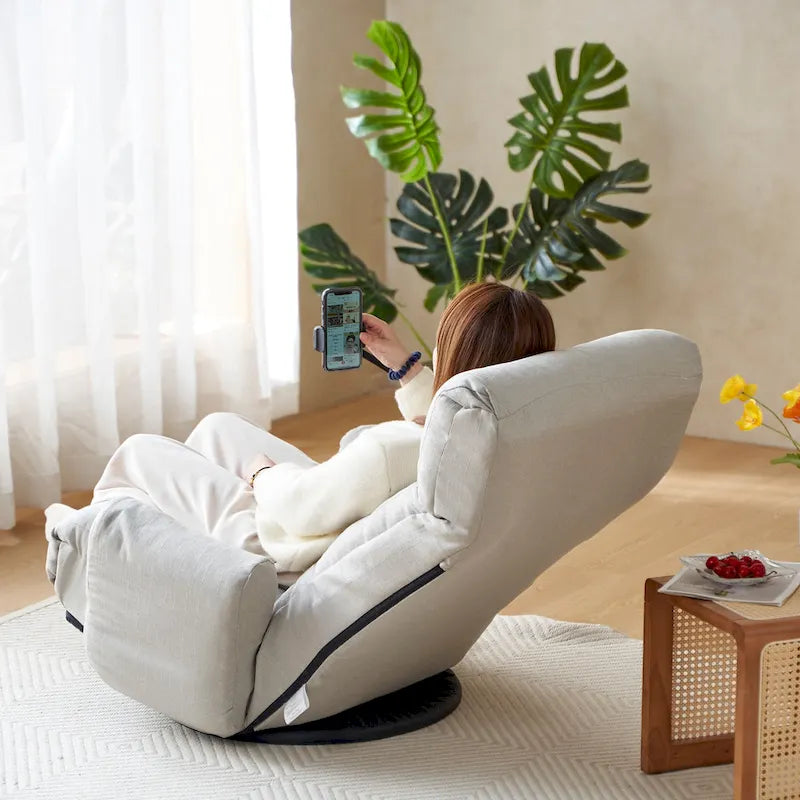 Gray Swivel Recliner with Phone Holder, Adjustable Headrest