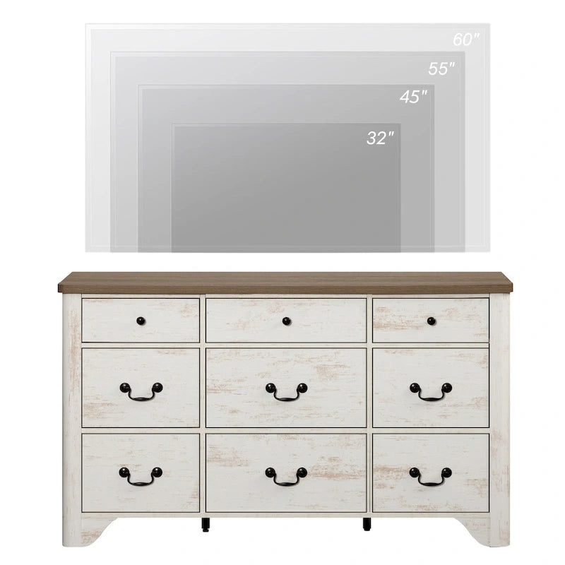 53.5 Wide Farmhouse White Dresser TV Stand with Curved Edge Design and Wide Chests of Drawers