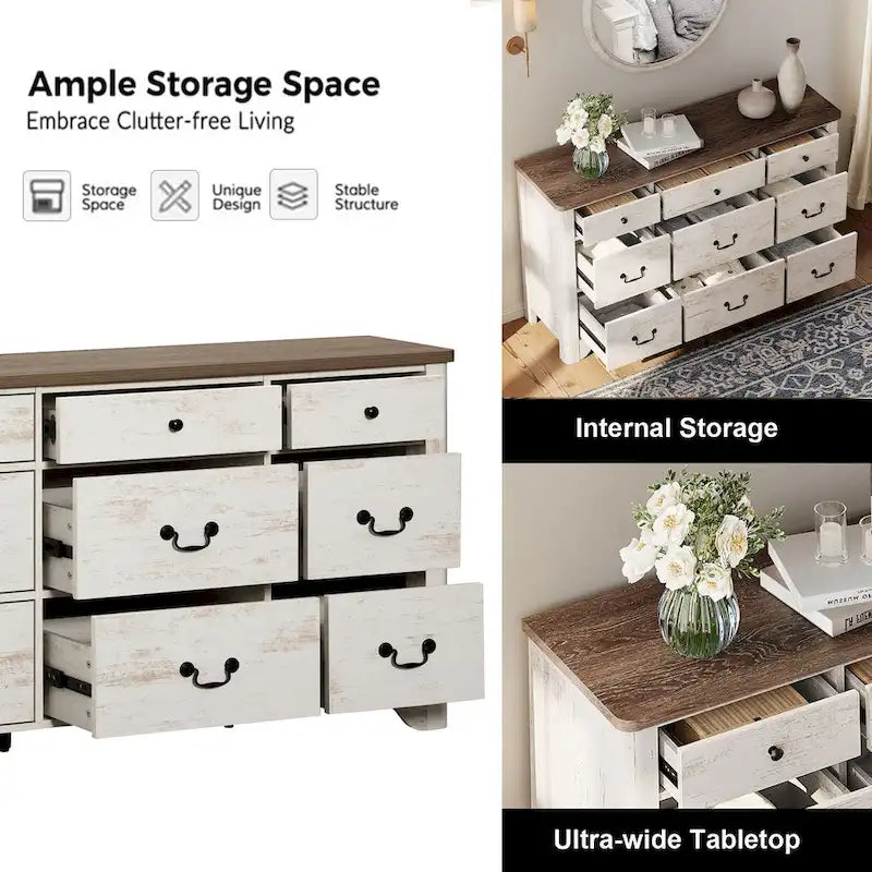 53.5 Wide Farmhouse White Dresser TV Stand with Curved Edge Design and Wide Chests of Drawers