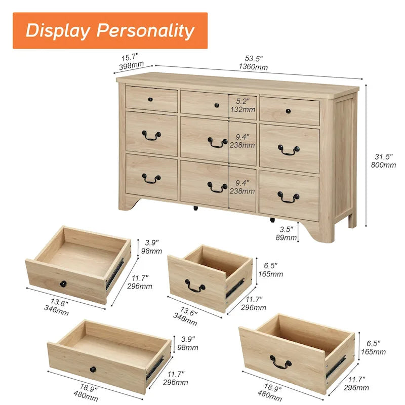 53.5 Wide Farmhouse White Dresser TV Stand with Curved Edge Design and Wide Chests of Drawers