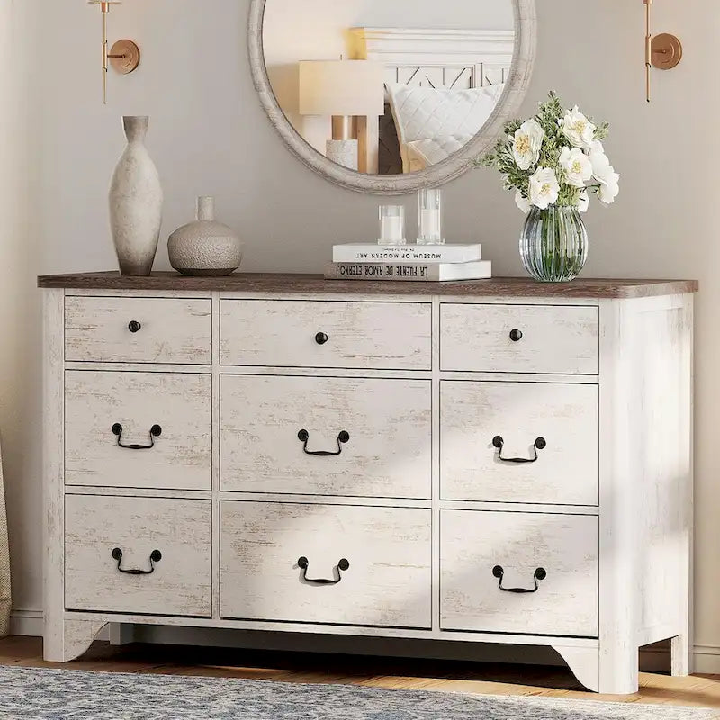 53.5 Wide Farmhouse White Dresser TV Stand with Curved Edge Design and Wide Chests of Drawers