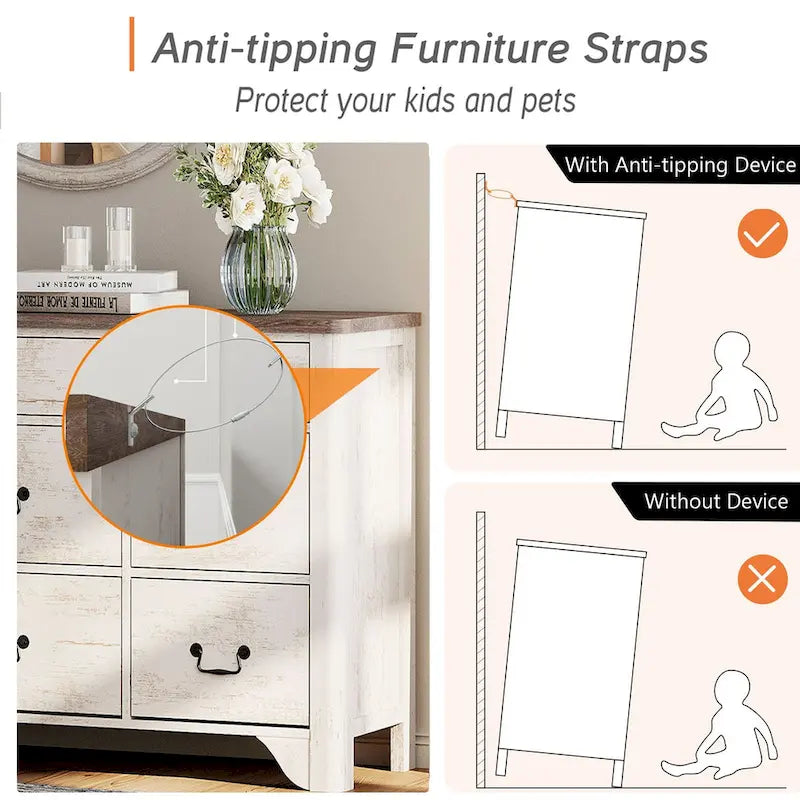53.5 Wide Farmhouse White Dresser TV Stand with Curved Edge Design and Wide Chests of Drawers