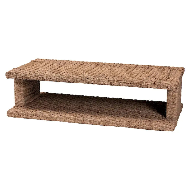 Handwoven Seagrass Coffee Table with Open Shelf - Rectangular Wicker Center Table for Living Room, Coastal Boho Style