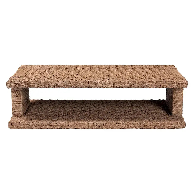 Handwoven Seagrass Coffee Table with Open Shelf - Rectangular Wicker Center Table for Living Room, Coastal Boho Style