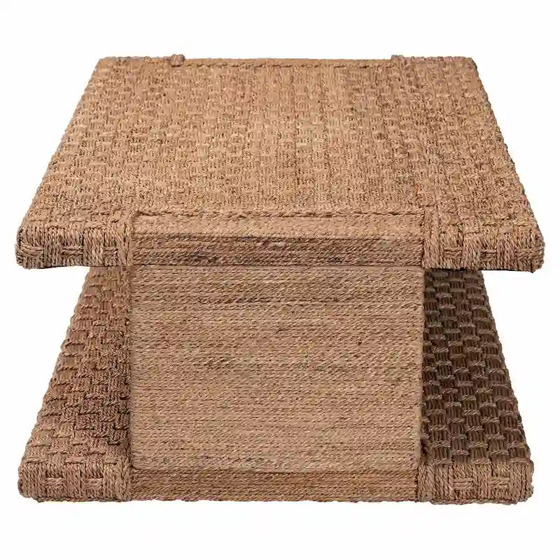 Handwoven Seagrass Coffee Table with Open Shelf - Rectangular Wicker Center Table for Living Room, Coastal Boho Style