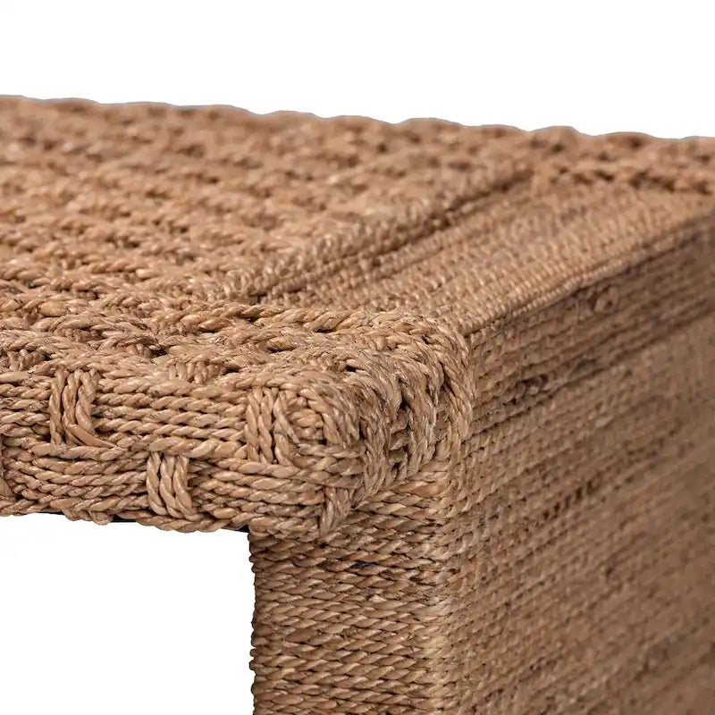 Handwoven Seagrass Coffee Table with Open Shelf - Rectangular Wicker Center Table for Living Room, Coastal Boho Style