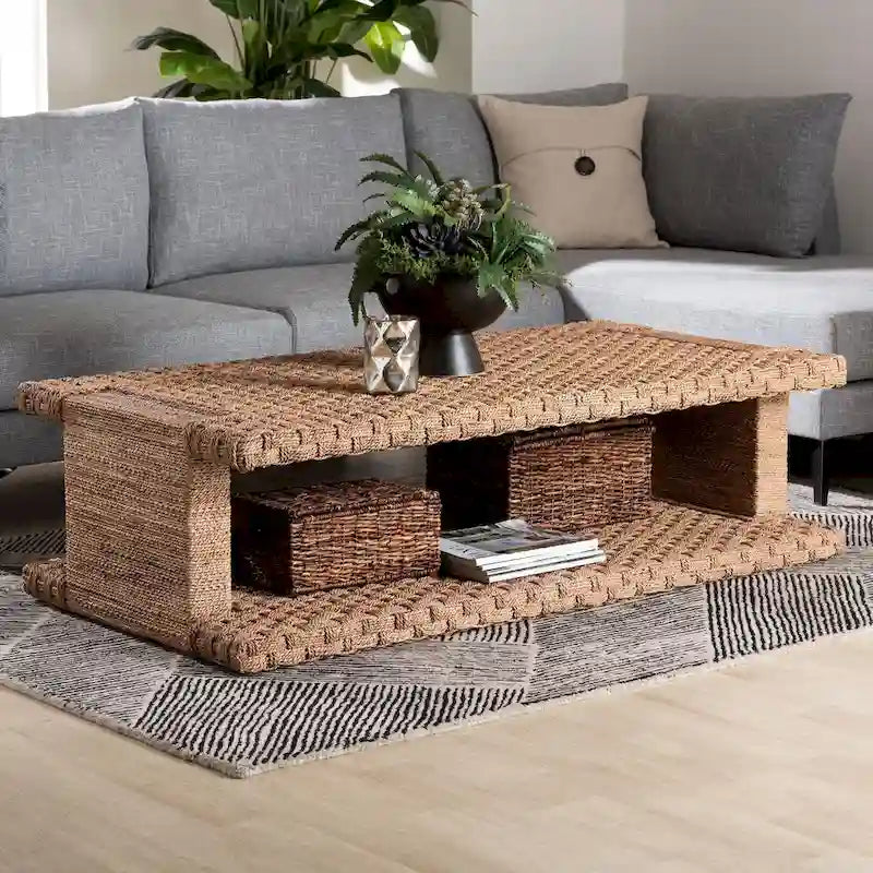 Handwoven Seagrass Coffee Table with Open Shelf - Rectangular Wicker Center Table for Living Room, Coastal Boho Style