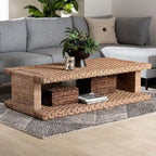 Handwoven Seagrass Coffee Table with Open Shelf - Rectangular Wicker Center Table for Living Room, Coastal Boho Style