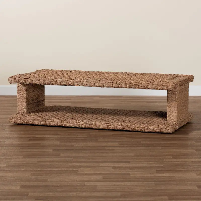Handwoven Seagrass Coffee Table with Open Shelf - Rectangular Wicker Center Table for Living Room, Coastal Boho Style