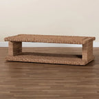 Handwoven Seagrass Coffee Table with Open Shelf - Rectangular Wicker Center Table for Living Room, Coastal Boho Style