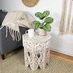 18 Antique White and Brushed Gold Carved Octagonal Side Table