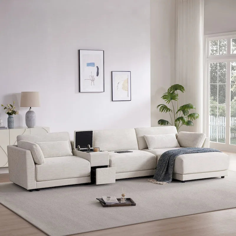 124 Chenille 4-Seater L-Shaped Sofa with Storage Console, USB