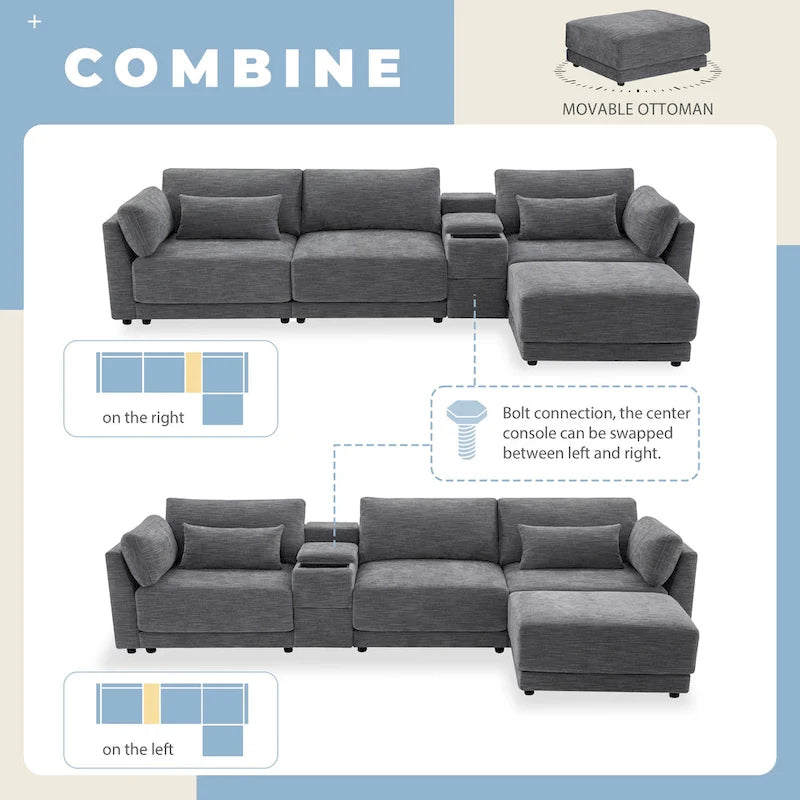 124 Chenille 4-Seater L-Shaped Sofa with Storage Console, USB