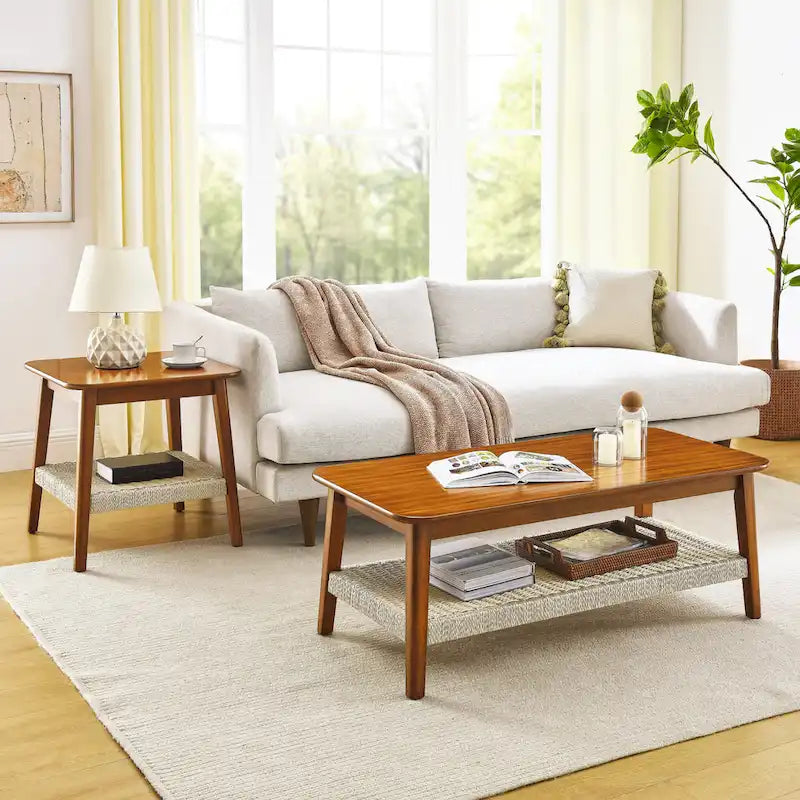 Mid-Century Square Side Table with Woven Shelf Walnut
