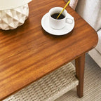 Mid-Century Square Side Table with Woven Shelf Walnut