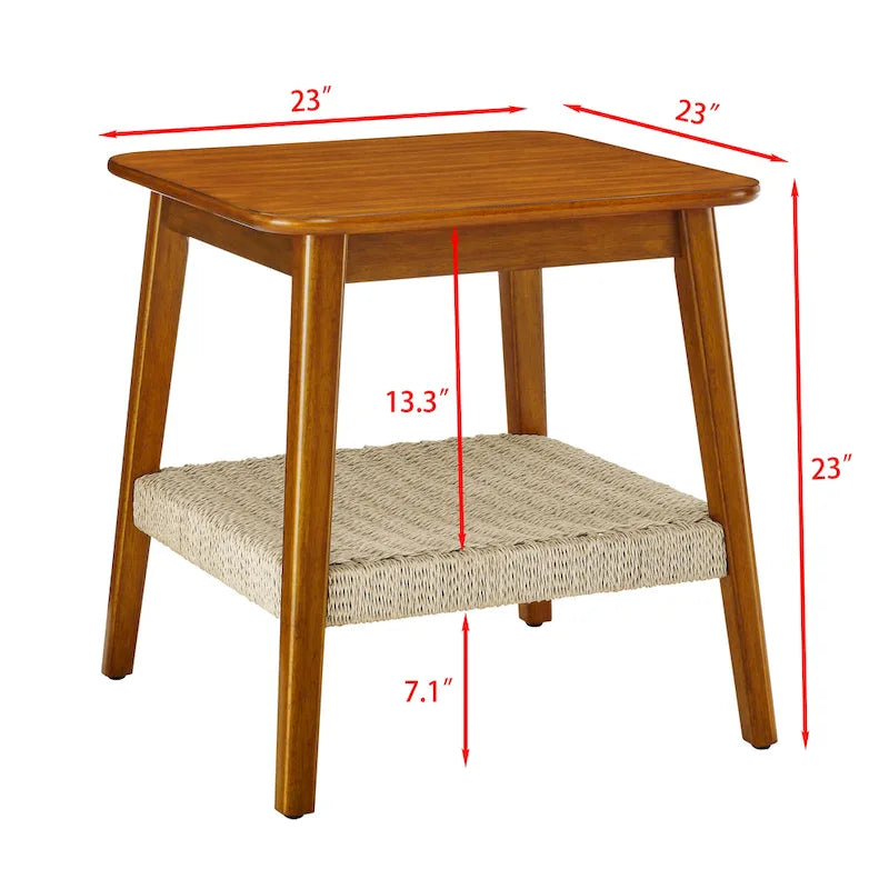 Mid-Century Square Side Table with Woven Shelf Walnut