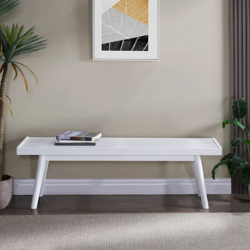 Roundhill Furniture Larwich Solid Wood Slatted Bench, White - 56.30W x 16.50D x 17.50H