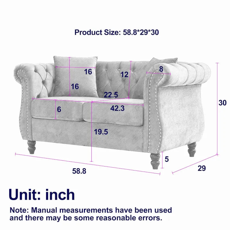 58.8 Chesterfield Sofa Black Velvet for Living Room, 2 Seater Sofa Tufted Couch with Rolled Arms and Nailhead for Living Room,