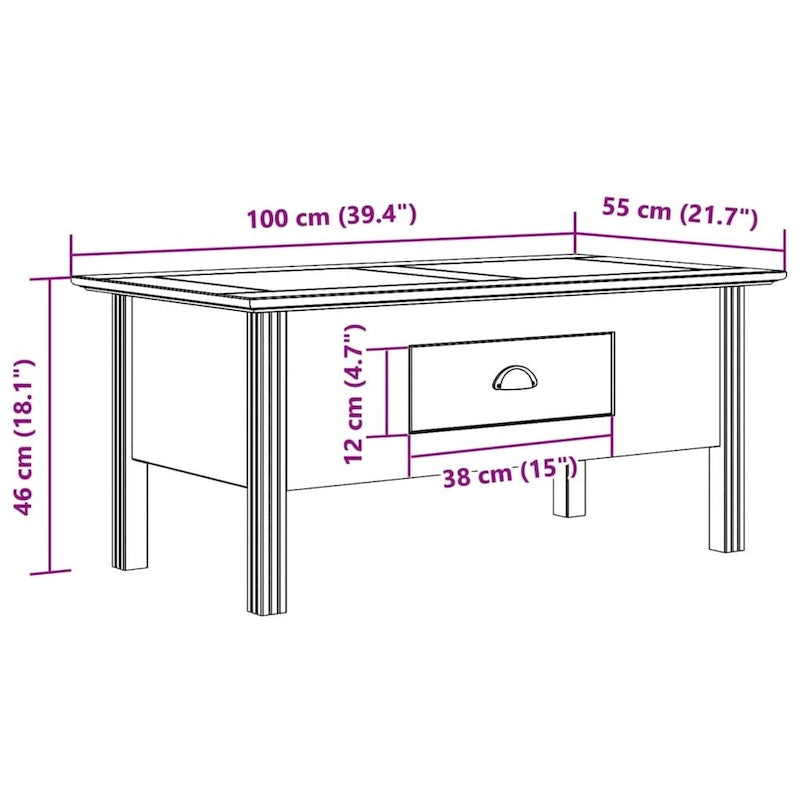 Coffee Table Accent Side Table for Living Room BODO Solid Wood Pine - 39.4x21.7x17.7
