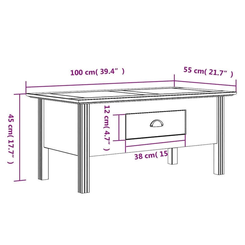 Coffee Table Accent Side Table for Living Room BODO Solid Wood Pine - 39.4x21.7x17.7