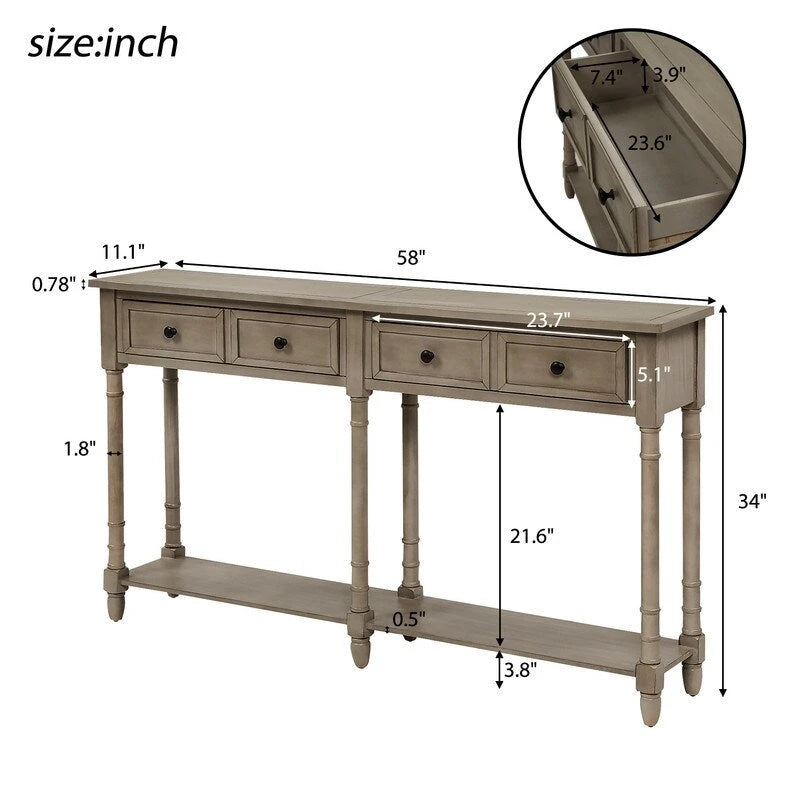 Pine Wood and MDF Styled Console Sofa Easy Assembly with Two Storage Drawers and Bottom Shelf for Living Room, Entryway