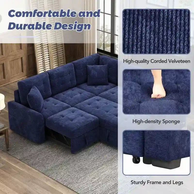 82.6 L-shape Sofa Bed,Sleeper Sofa with Wheels and USB Ports