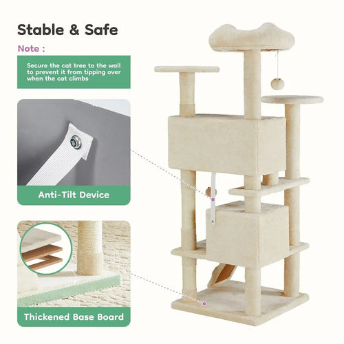 54in Cat Tree, Indoor Cat High-rise Multi-story Tower, Pet Playroom With Large Apartment
