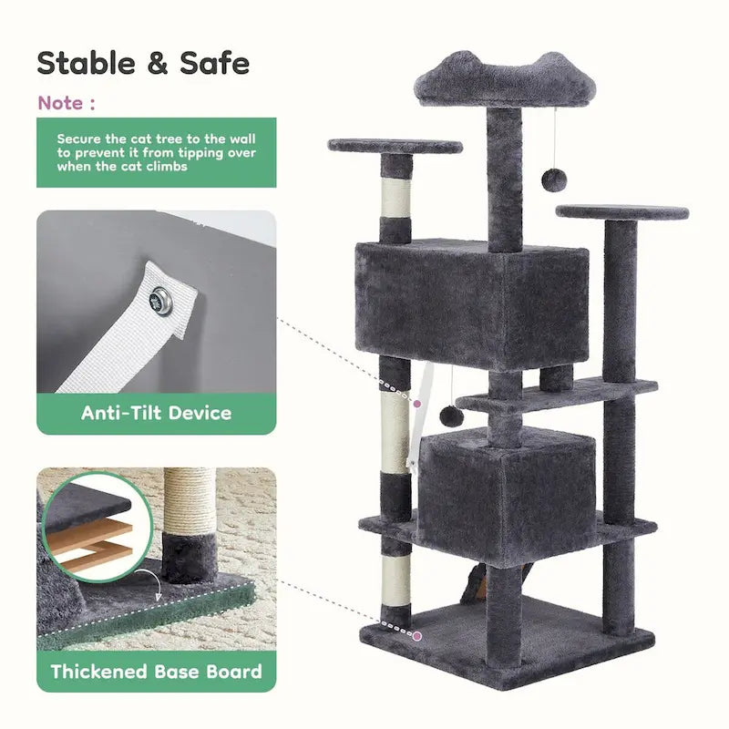 54in Cat Tree, Indoor Cat High-rise Multi-story Tower, Pet Playroom With Large Apartment